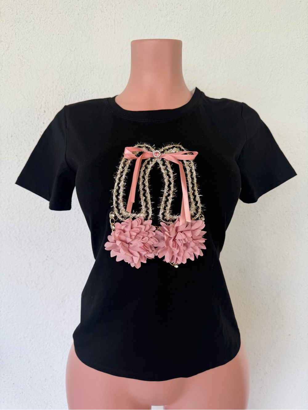 Black Short Sleeve Tee with Pink Floral Pom-Pom Detail